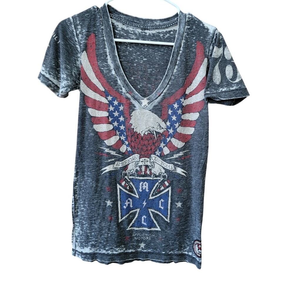 Affliction Size Medium Lightweight Eagle V-Neck Tee Grunge Y2K Motors Rally